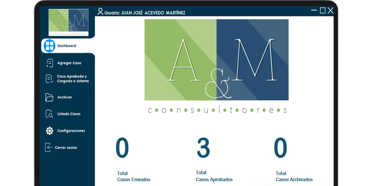 Dashboard del sistema de Gestión de Casos Presupuestarios de A y M Consultores